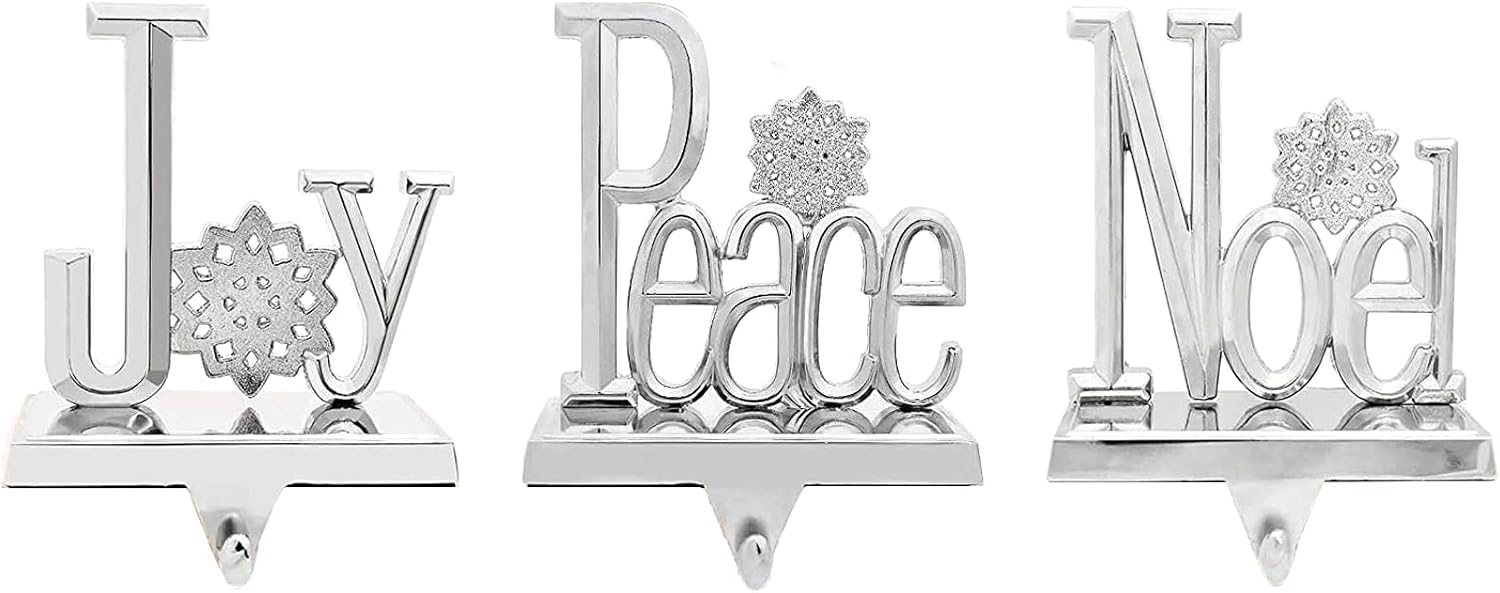 NaTursou Set of 3 Joy Peace Noel Stocking Holder Hanger Chrismas Stocking Holders Mantle,Christmas Fireplace Holder Silver Decor