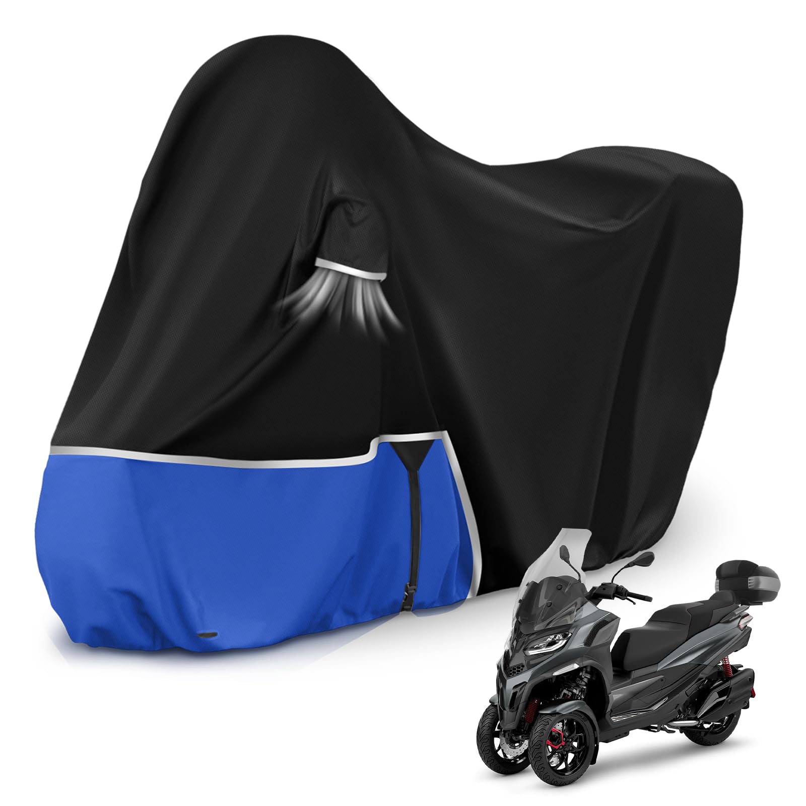Bâche de Protection Moto, pour Piaggio mp3 400/500 (avec Coffre) | Housse mp3 400 Housse mp3 500 Protection imperméable, résistante à l'hiver, en Tissu Oxford 420D, Noir et Bleu