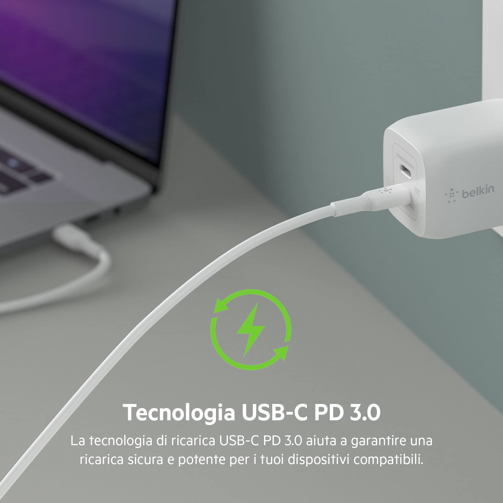 Belkin Doppio caricabatteria da parete USB-C da 65 W, ricarica rapida PD 3.0, caricatore USB C con tecnologia GaN per iPhone 16, 15, 14, 13, 12, Pro, Pro Max, iPad, MacBook, Galaxy S24, S23, S22, Tab