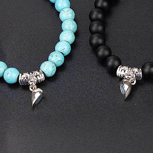 Image of Fashion Frill Stylish Couple Bracelets Black & White Red Natural Stone Onyx Stretchable Wrist Band Heart Magnetic Bracelet For Women Men Boys Girls Love Gifts Friendship Promise Bracelets
