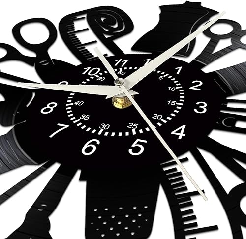 Miniatura 5 de Reloj de pared de costura, máquina de coser de 12 pulgadas, diseño de disco de vinilo, reloj de pared silencioso de cuarzo sin tictac, vintage,