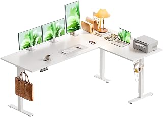 Casaottima 63 Inch Electric L-Shaped Standing Desk, Reversible Height Adjustable Corner Workstation for Home Office & Gaming, White