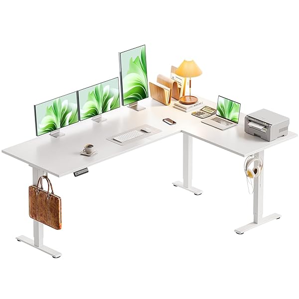 Casaottima 63 Inch Electric L-Shaped Standing Desk, Reversible Corner Desk with Height Adjustment, Large Ergonomic Workstation for Home Office, Reception Room, White