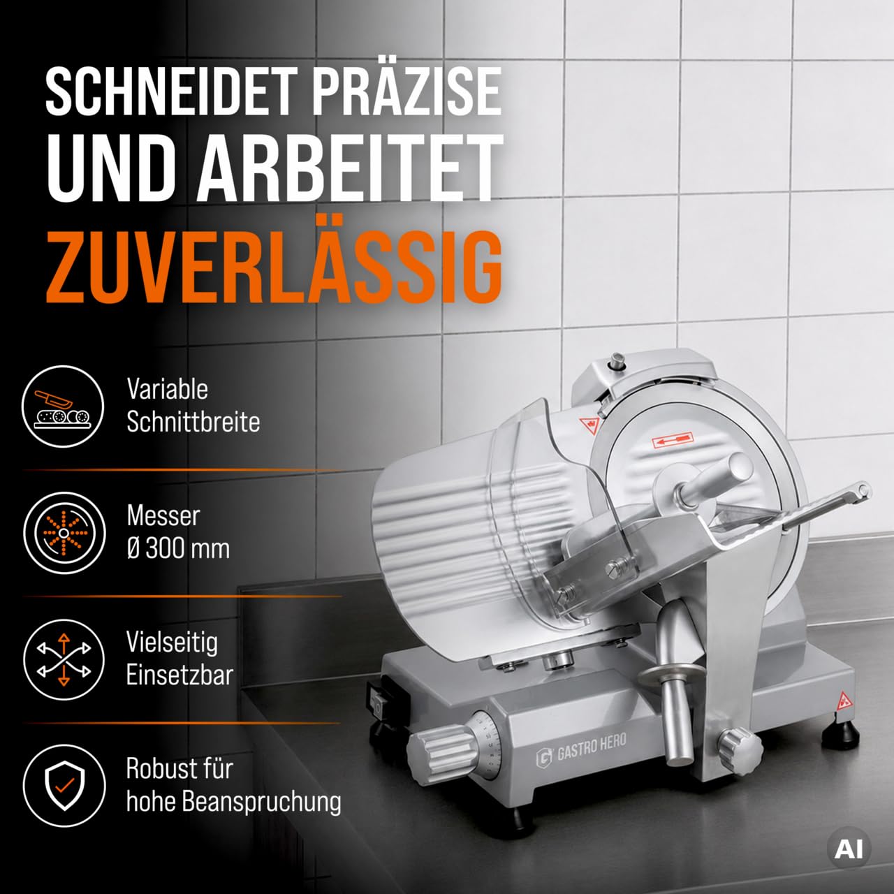 GastroHero Aufschnittmaschine 300 mm, einstellbar, Aluminium ASM300