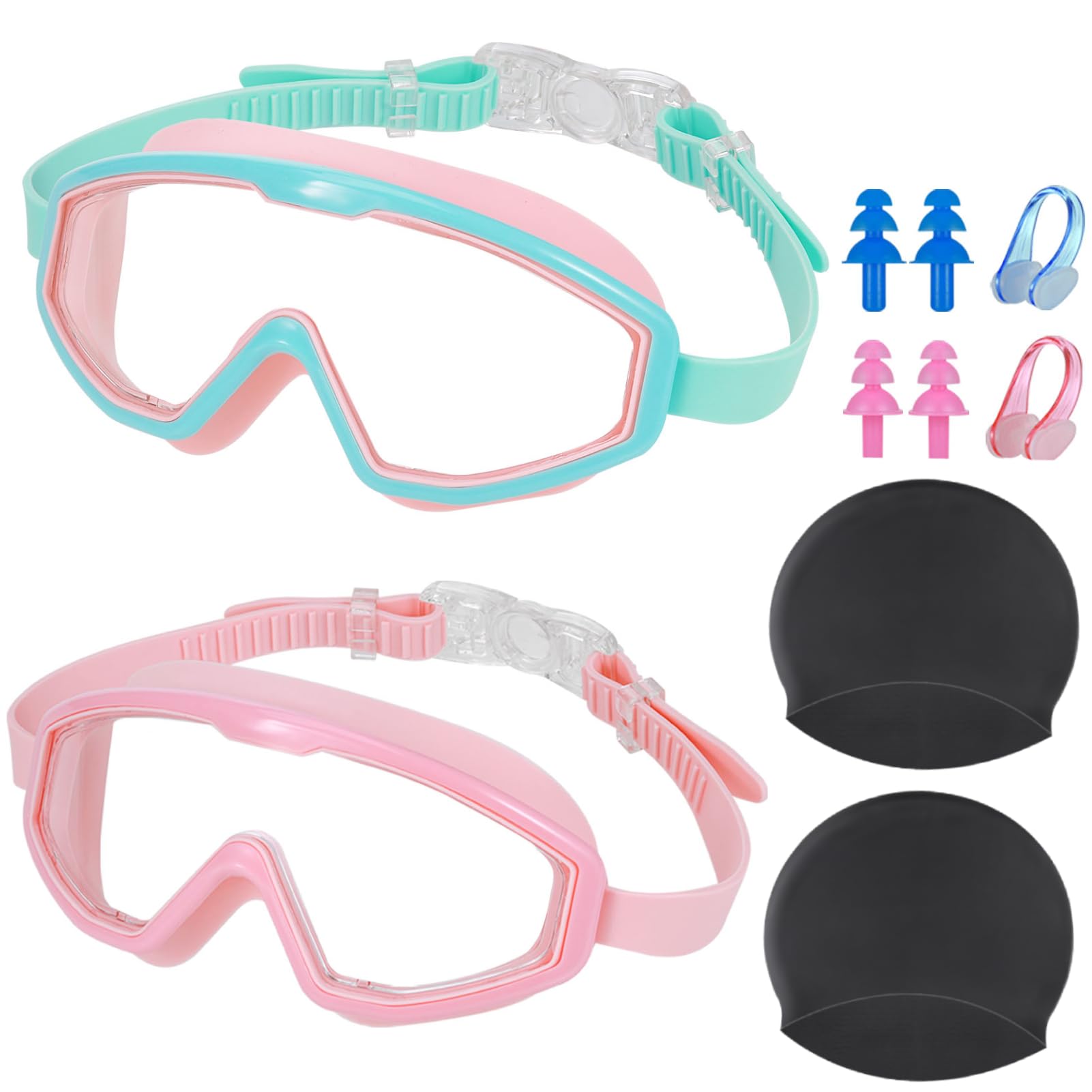 Zocipro 2Pcs Gafas Natacion Niño, Gafas Piscina Niños de 5 a 15 Años con 2 Gorros de Natacion, Gafas de Buceo Gran Angular, Gafas de Nadar Protectoras en Forma de U para Niños