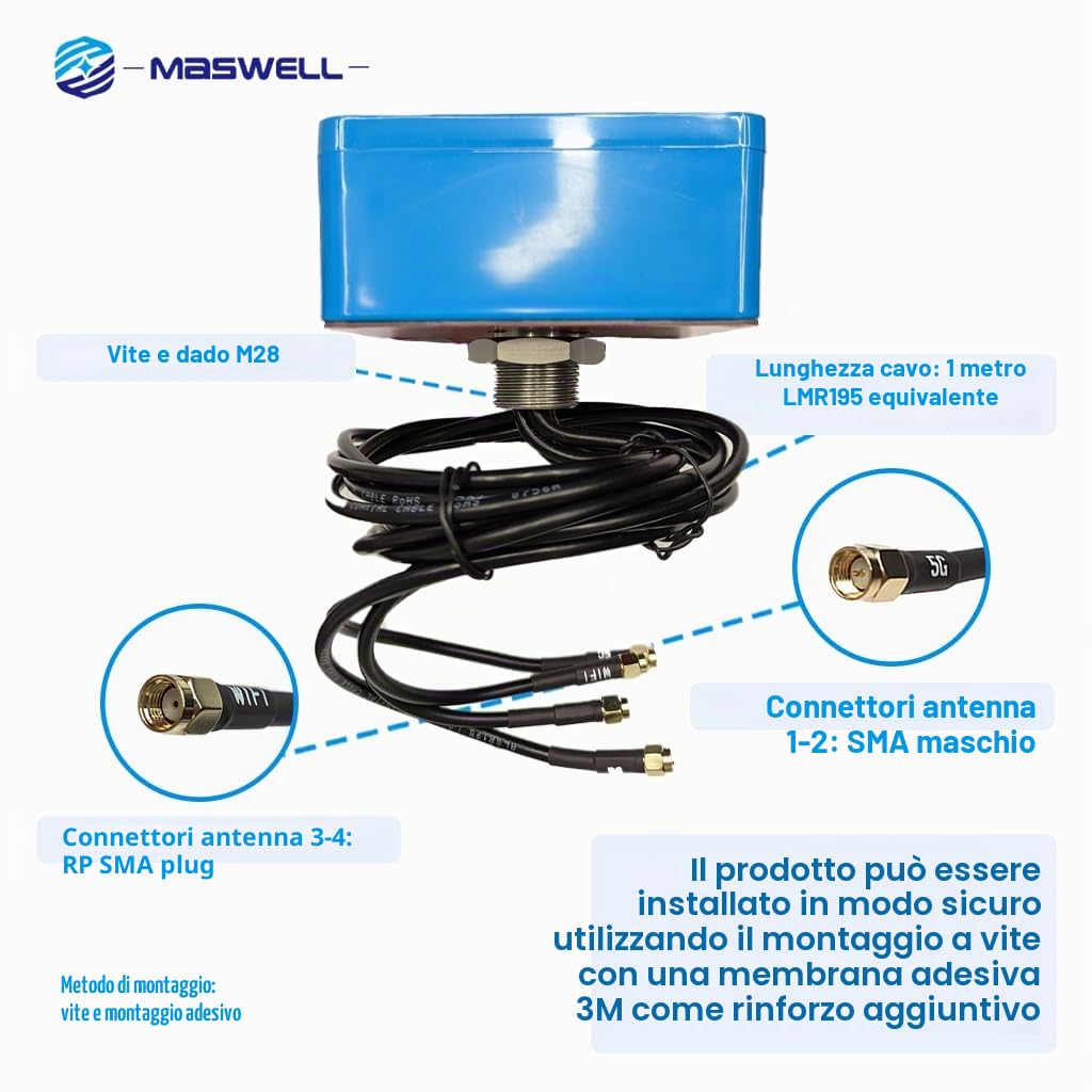 Maswell Antenna esterna 4-in-1 2X2 MIMO 5G + WiFi 7 2X2 MIMO, 700-6000 MHz basso guadagno 3dBi Non per gare di velocità, con WiFi 6E, Bluetooth, WiMAX e Zigbee, montaggio con vite e adesivo