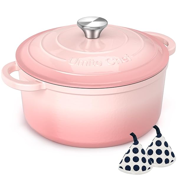 Umite Chef 5QT Enameled Cast Iron Dutch Oven Pot with Lid, Heavy-Duty Cookware for Bread Baking, Braising, Stews, Roasting, Wedding Registry Ideas & Gifts (Pink)