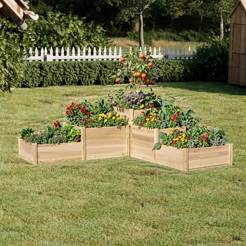 Amerlife 3-Tier Raised Garden Bed for Outdoor Gardening, Fir Wood Planter Box with Dividers, Tool-Free Assembly, Garden Box Perfect for Vegetables, Herbs, and Flowers