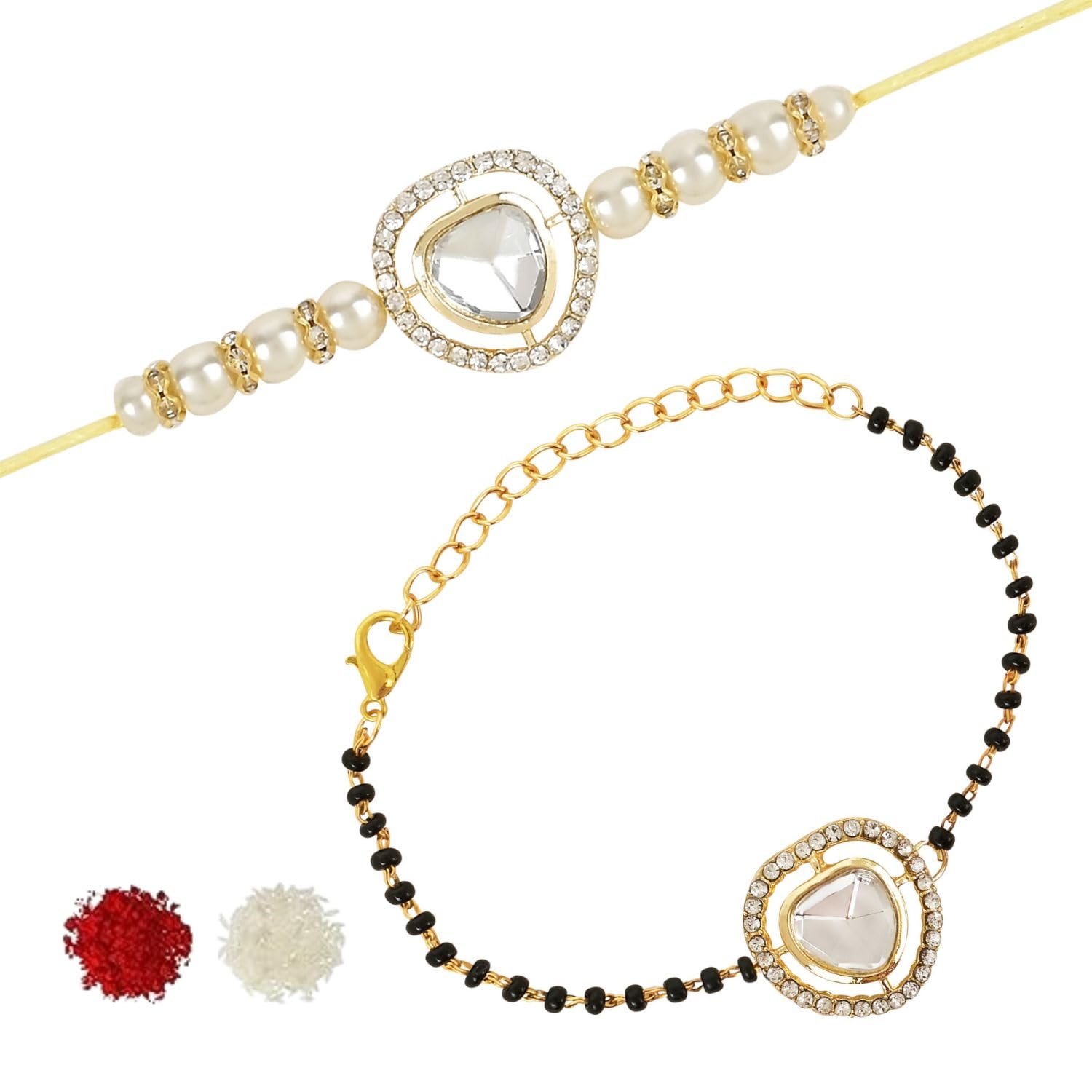 I Jewels Elegant Kundan Stone Bhaiya Bhabhi Mangalsutra Bracelet Rakhi Set With Roli Chawal & Rakshabandhan Card For Brother/Bro/Men (R138-CO) (B0CBVH4VD5) Amazon Price History, Amazon Price Tracker