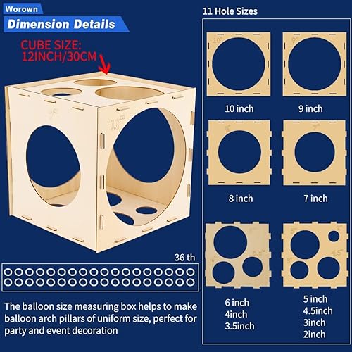 Vista 2 de Worown Cubo de madera plegable de 11 agujeros, para medir el tamaño de los globos, herramienta de medición de madera para decoraciones de fiestas