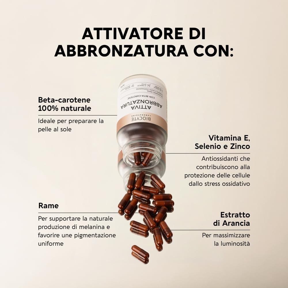 Biocyte Attiva Abbronzatura - Preparatore Solare - Integratore con Betacarotene - Rame, Vitamina D3, Vitamina E - Attivatore Abbronzatura Pelle Viso e Corpo - Vegano - 60 Capsule - 2 Mesi