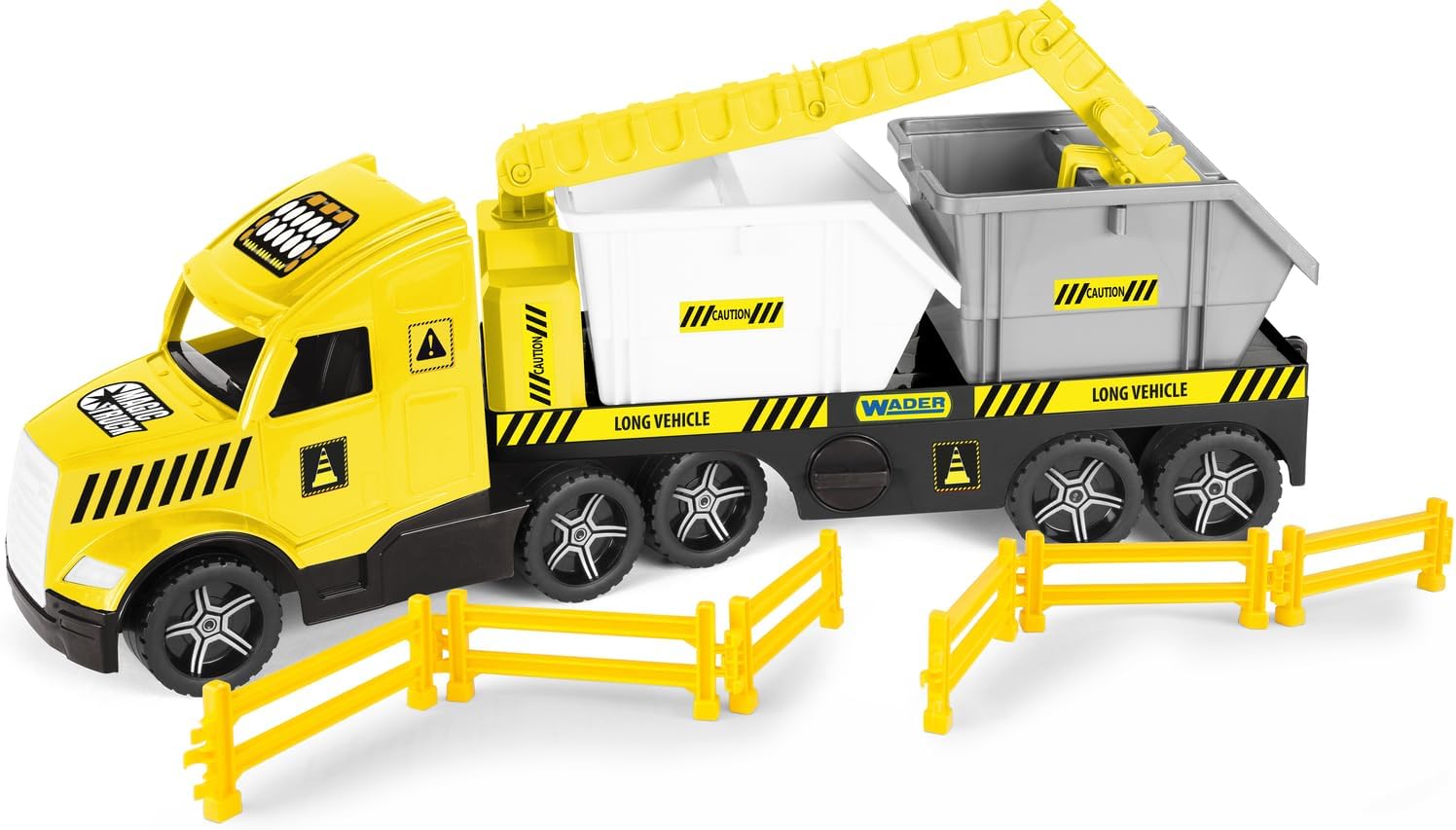 Wader 36471 Magic Truck Low Loader with Building Containers, Crane, Barrier Grates and Luminous Headlights, Size Approx. 79 cm, for Children from 3 Years, Gift for Creative Play