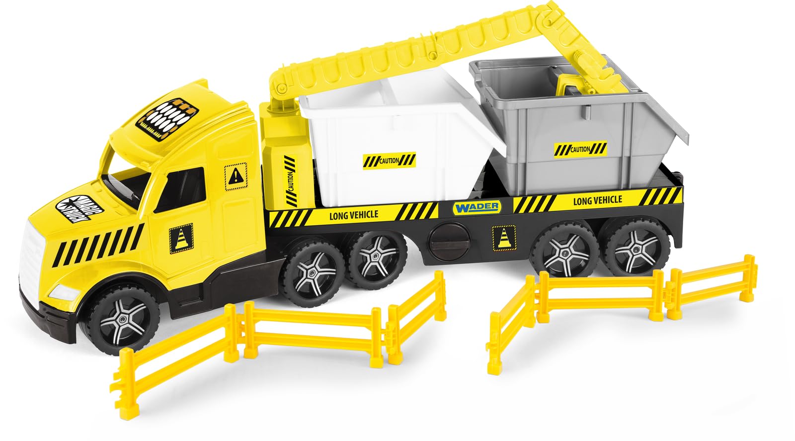 Wader 36471 - Magic Truck Tieflader mit Baucontainern, Kran, Absperrgittern und leuchtenden Scheinwerfern, Größe ca. 79 cm, für Kinder ab 3 Jahren, Geschenk für kreatives Spielen