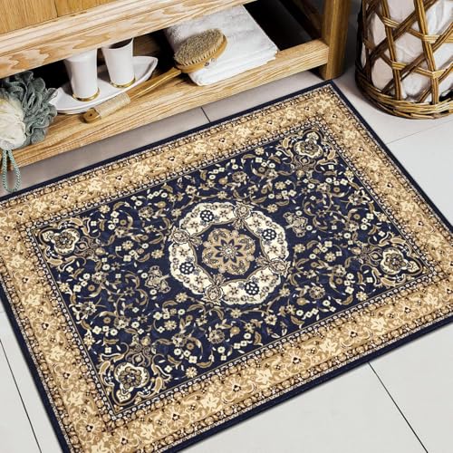 Washable Entryway Rug 2x3, Non Slip Indoor Door Mat, Low Pile Vintage Persian Area Rug, Machine Washable Small Accent Rug for Front Door, Home Office, Bedside, Foyer, Dark Blue and Beige
