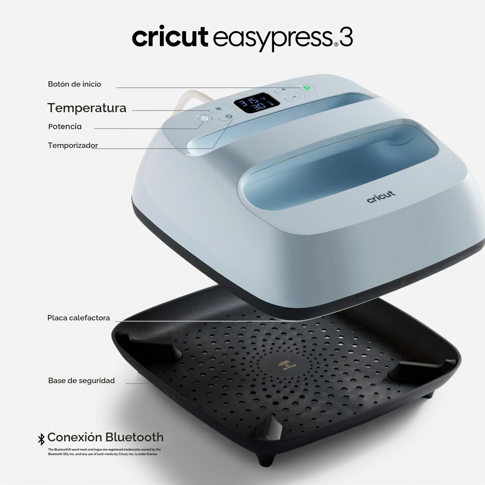 Cricut EasyPress 3 - Prensa de calor inteligente con Bluetooth, para camisetas, cojines, bolsas y más, placa de calor con revestimiento cerámico para control preciso de la temperatura (23 x 23 cm)