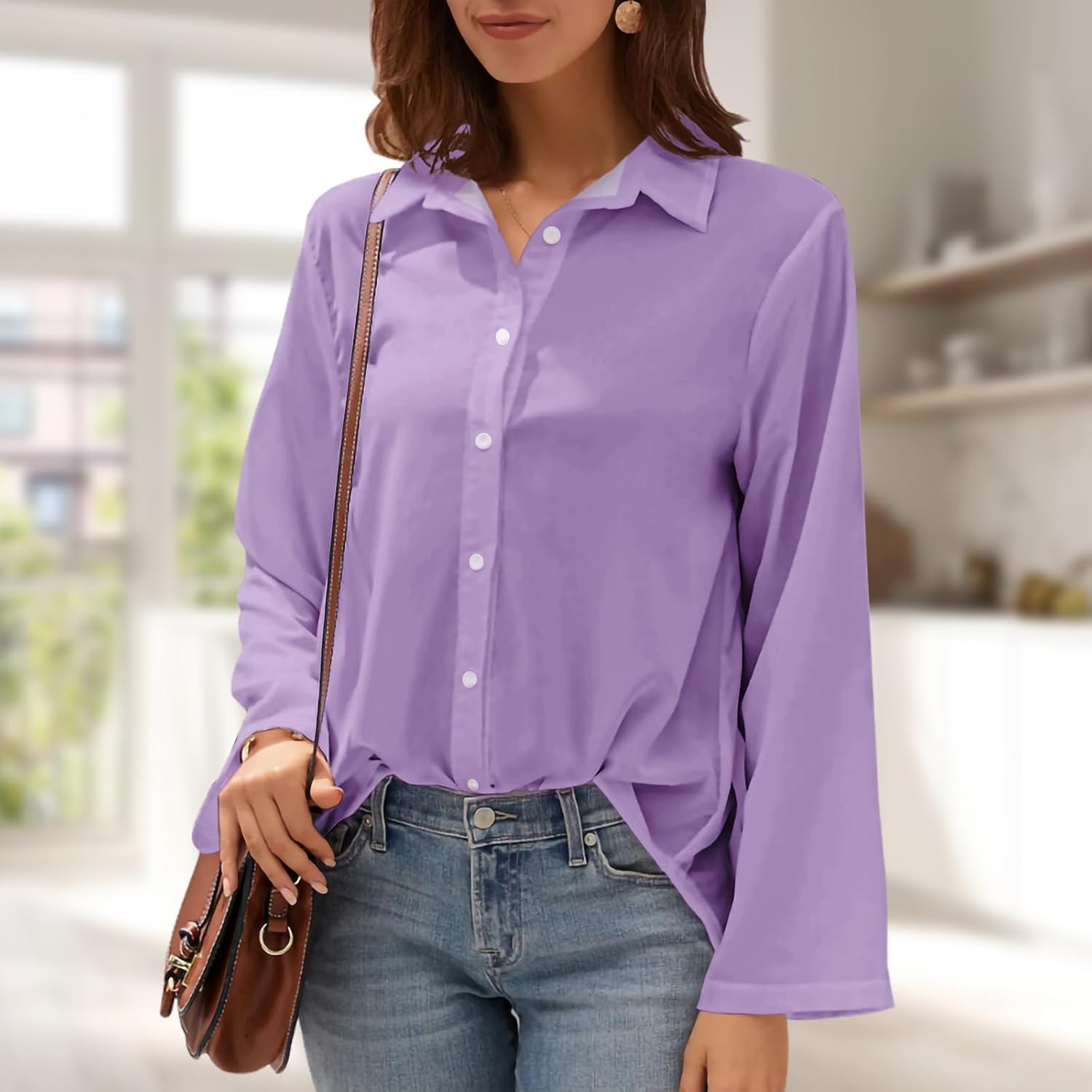 Womens Button Down Shirt Long Sleeve Collared Blouse Professional Office Work Elegant Formal Top - Image 2