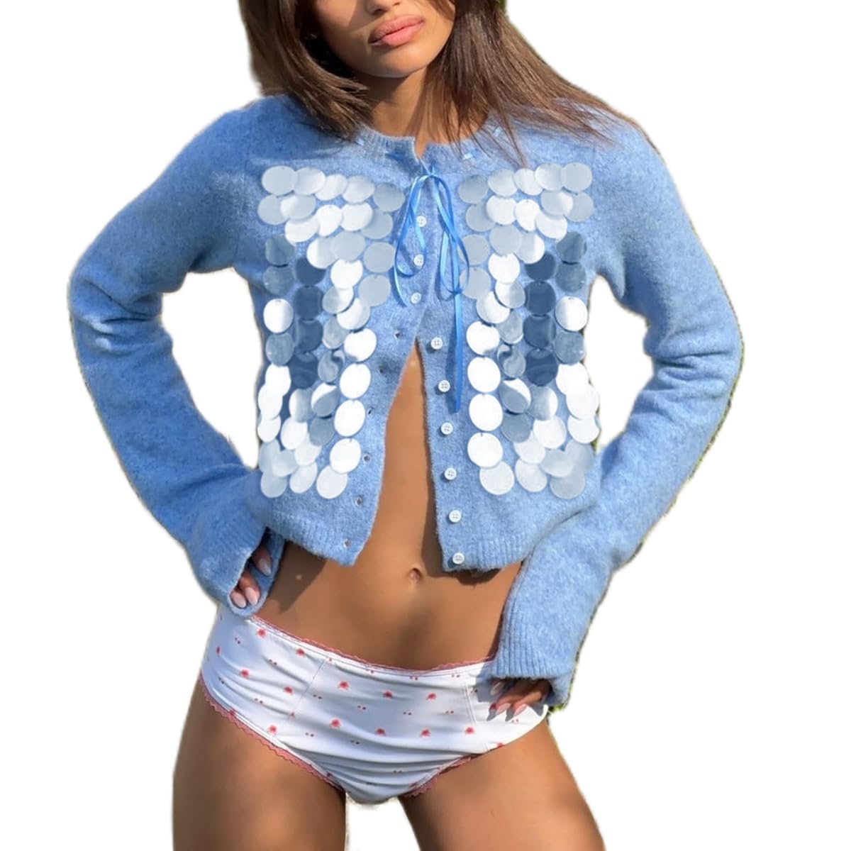 Women Sequin Cardigan Sweater Y2K Long Sleeve Button Down Knitted Tops Open Front Chunky Sweater Jacket Outwear