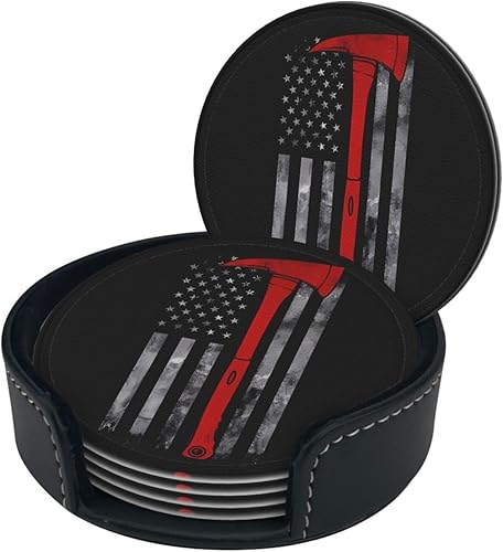 Miniatura 2 de Drink Coasters Set of 6, Firefighter Axe Red Line Flag Printed PU Leather Round Coaster with Holder for Outdoor, Office, Bar, Funny Heat-Resistant