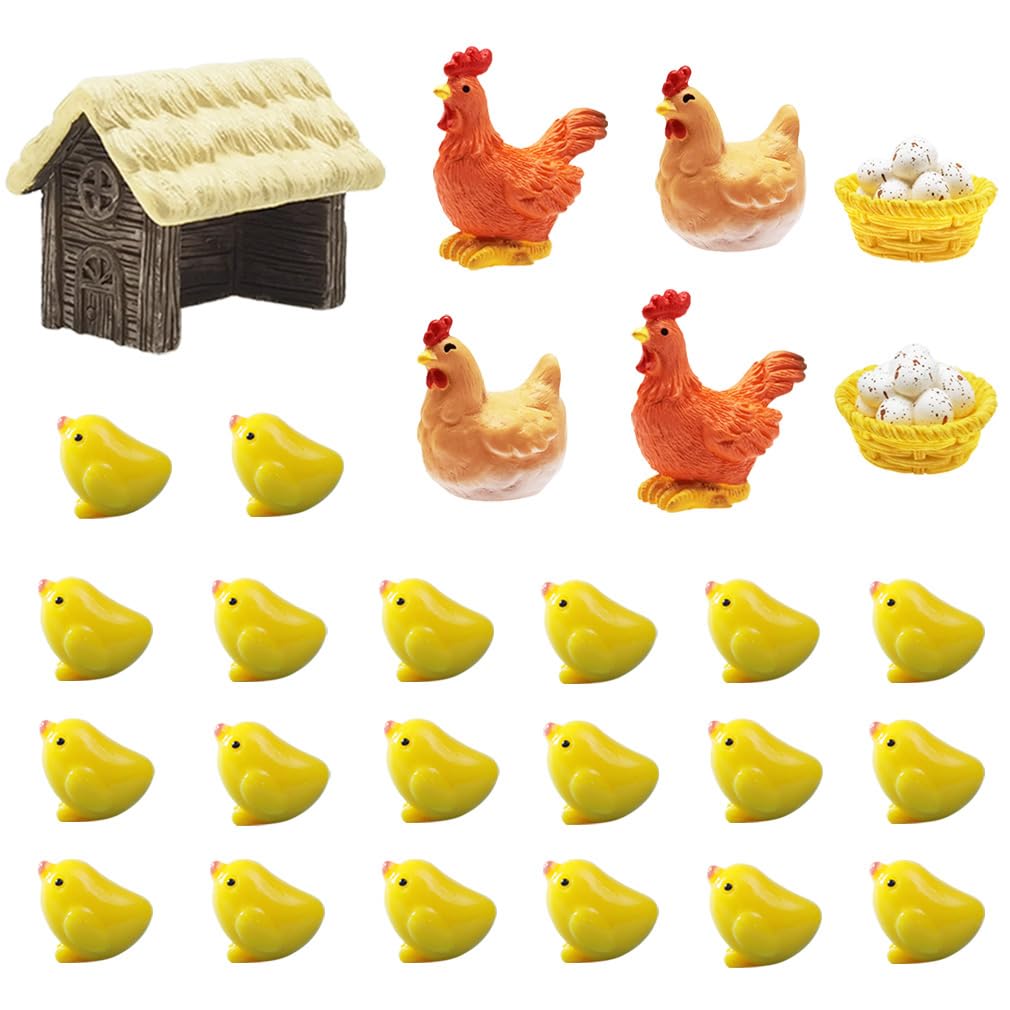 MAOMIA28 Pcs Miniature Retro Chicken Coop Mini Family Chicken Easter Figurines Tiny Hen Rooster Chick Egg Chicken Nest for Garden Micro Landscape Home Terrarium Crafts Cake Toppers Dollhouse Decor
