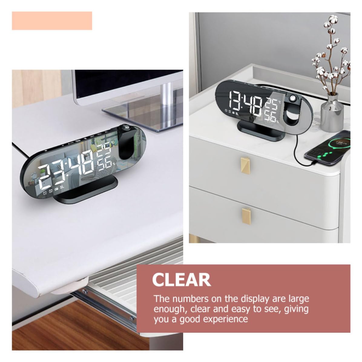 DECHOUS Reloj Despertador Digital LED Proyección para Dormitorio y Oficina, Pantalla Grande, Material Abs, Diseño Eléctrico Moderno y Funcional