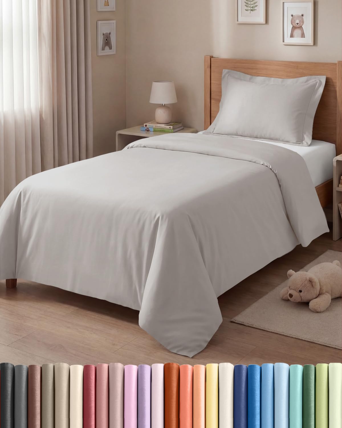 Housse de couette 140x200 zippée facile à enfiler parure de lit gris clair sans pli
