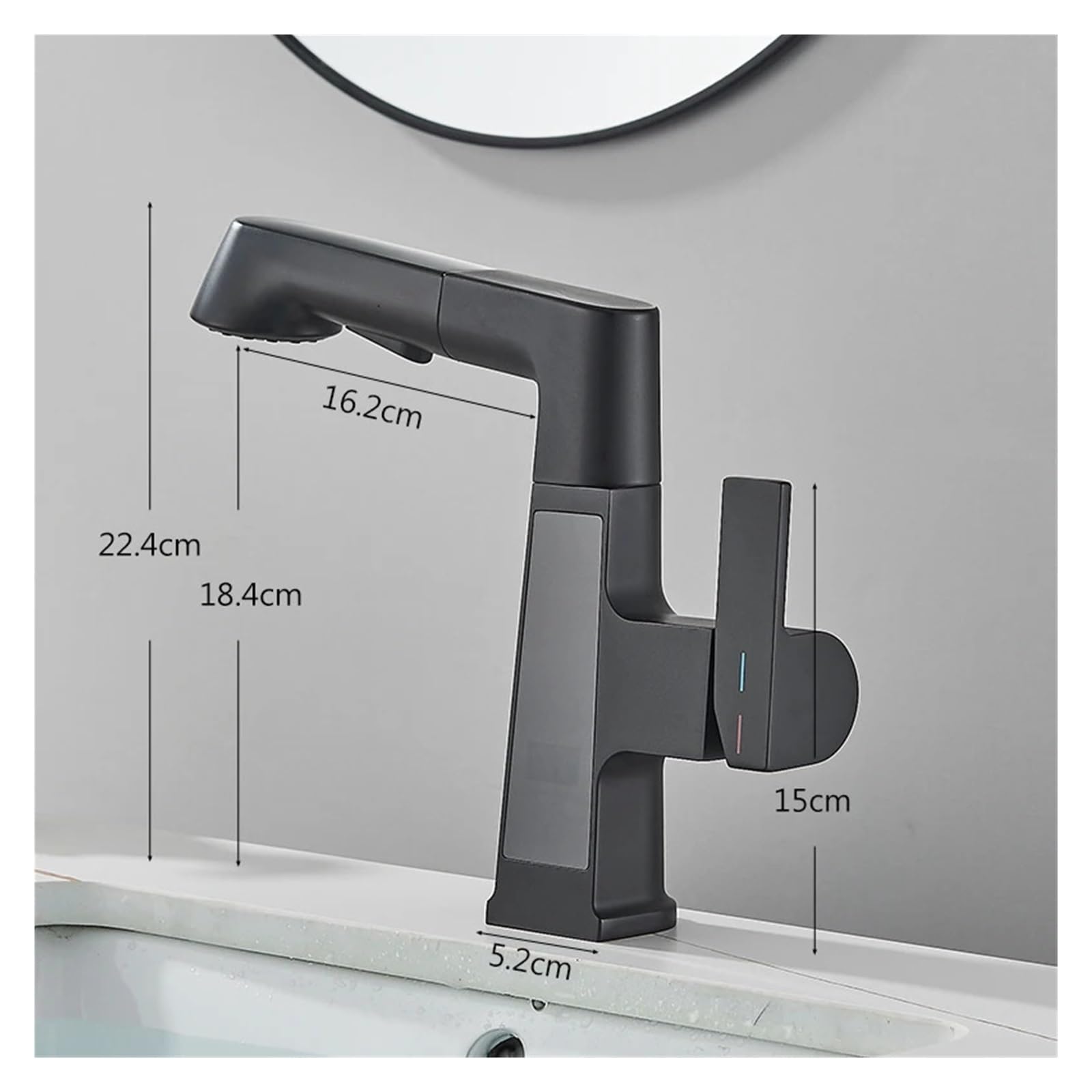Grifo de Ducha extraíble con Pantalla Digital, Mezclador de Agua fría y Caliente con Ajuste de Altura montado en la Cubierta (Negro Mate)