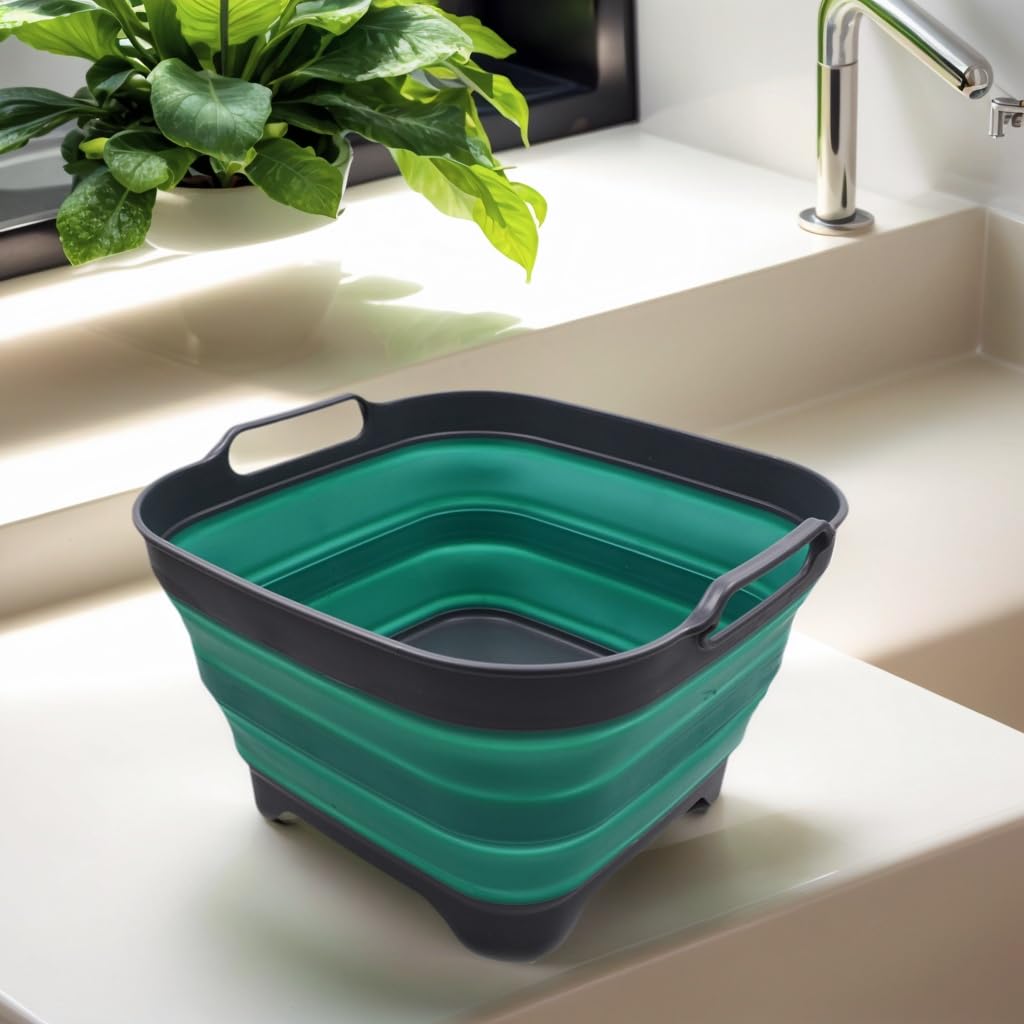 Sammart - Bassine à vaisselle pliable de 10 L avec bouchon de vidange - Lavabo pliable - Bac de rangement de cuisine pour économiser de l'espace - Gris/bleu turquoise