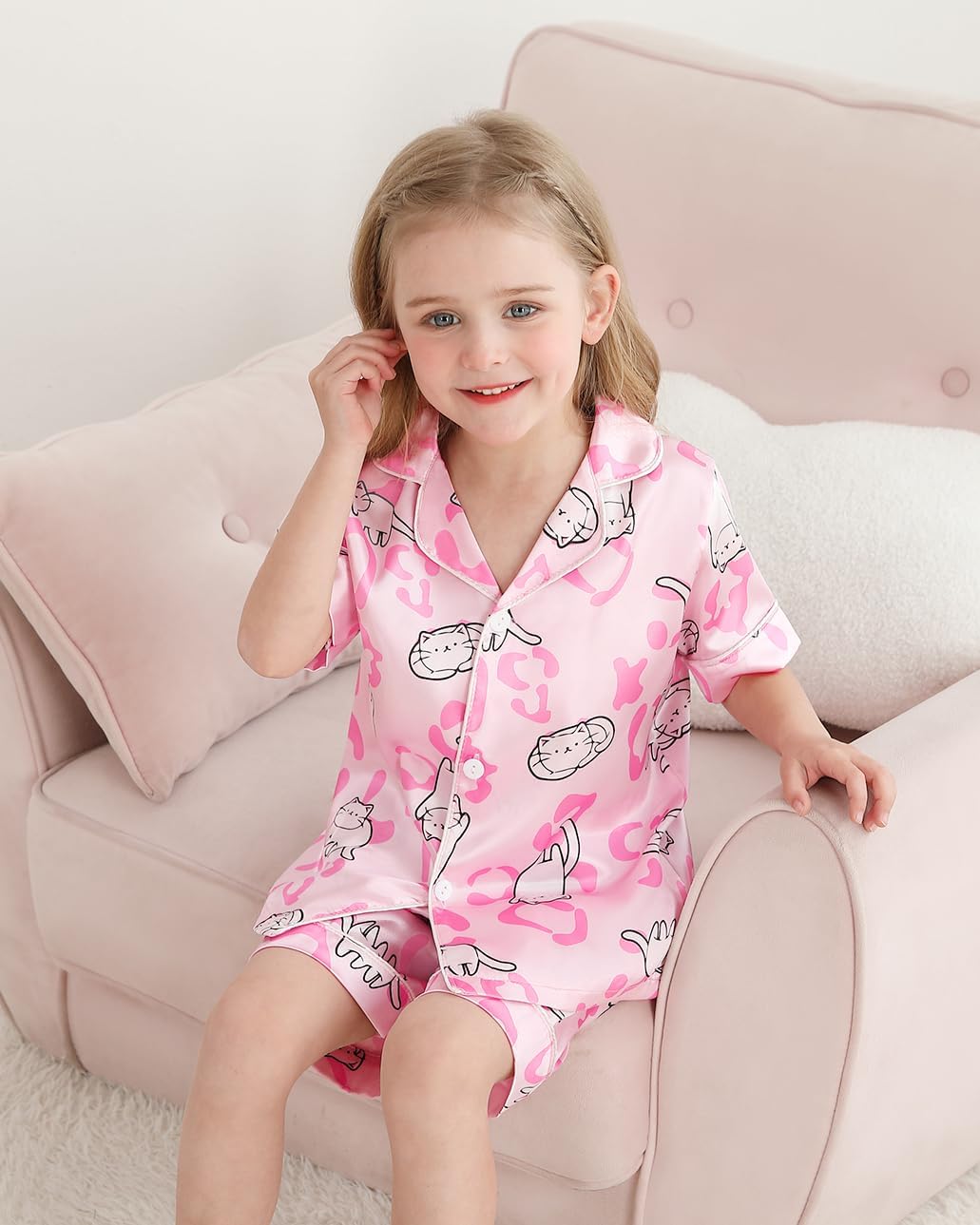 Weixinbuy Toddler Silk Pajamas Short Sleeve Button-Up Summer Pjs for Girls Boys Satin Pajama Sleepwear Set 2-7 Years - Image 4