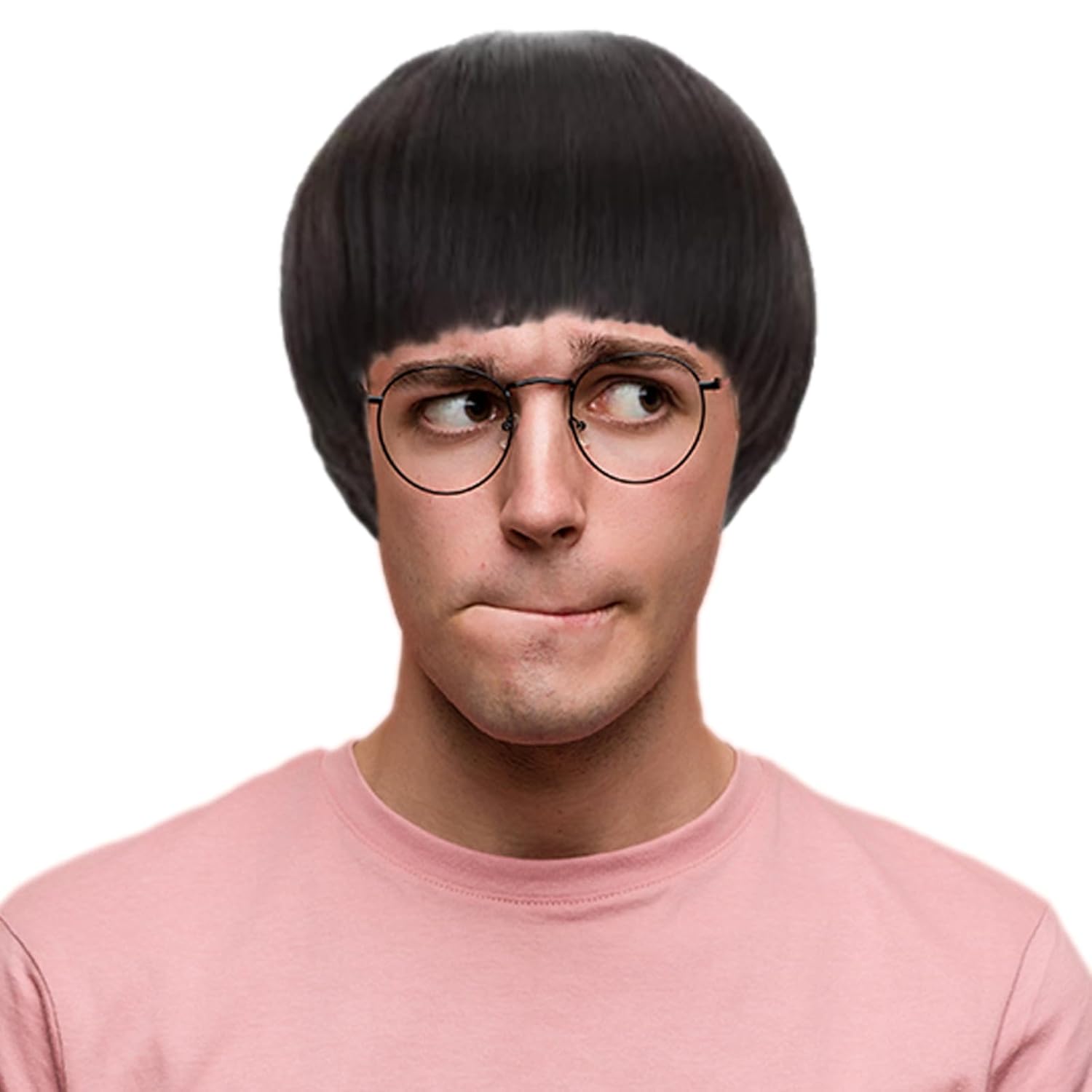 ANOGOL Hair Cap + Short Black Bowl Cut Wig Men with Bangs Black Mushroom Wigs 60s Wig Mens Funny Wigs for Movie Halloween Cosplay Costume Party Christmas Pelucas para Hombres - Image 3