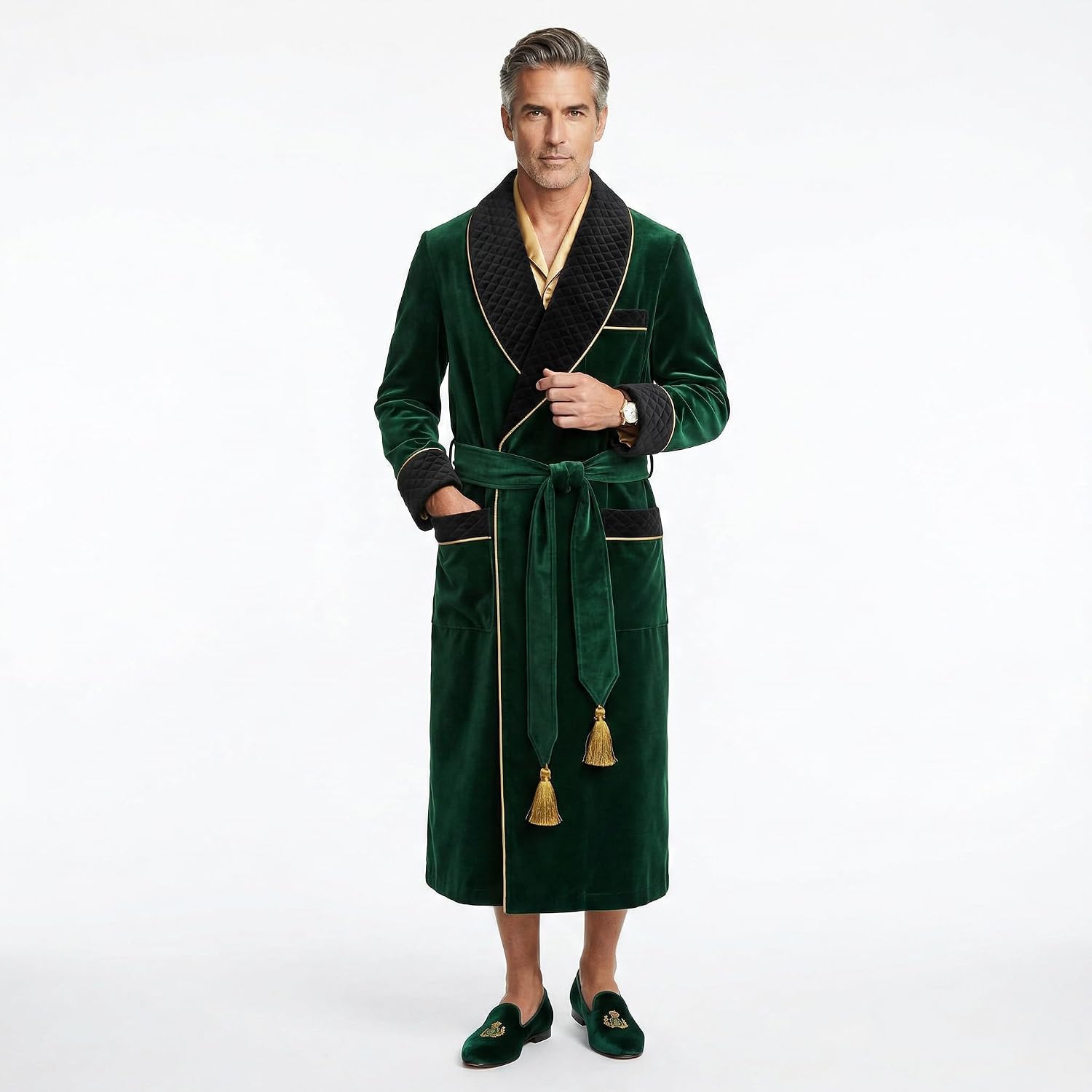 Smoking Jacket Green Long Velvet Gown For Men English Vintage Gentleman Belted Robes