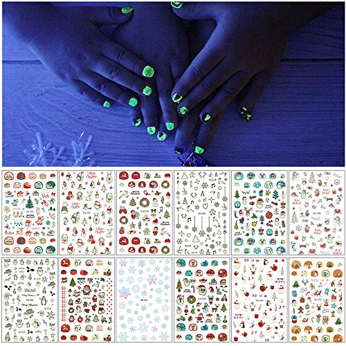 EBANKU 12 Blatt Nagelsticker Weihnachten Selbstklebend Nagelaufkleber Leuchtend Weihnachten Schneeflocken Nail Art…