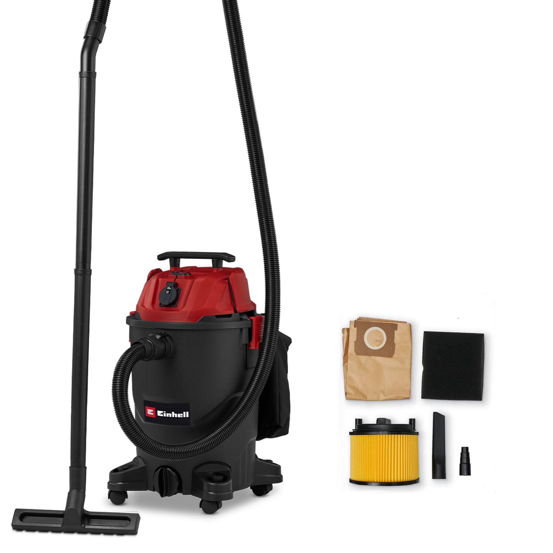 Aspiratore a secco e umido Einhell TC-VC 3055 A (850 Watt, aspirazione 190 mbar, presa automatica, serbatoio di raccolta da 30 litri, maniglia di trasporto, bocchette, filtri e sacco raccogli-sporco) | 850 W, 190 mbar, presa automatica, contenitore di rac