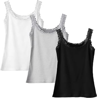 3 Pack Womens Vest Tops, Ladies Lace Camisole Tops, Sleeveless Cami Tops for Women UK, Soft Stretch Everyday Basics