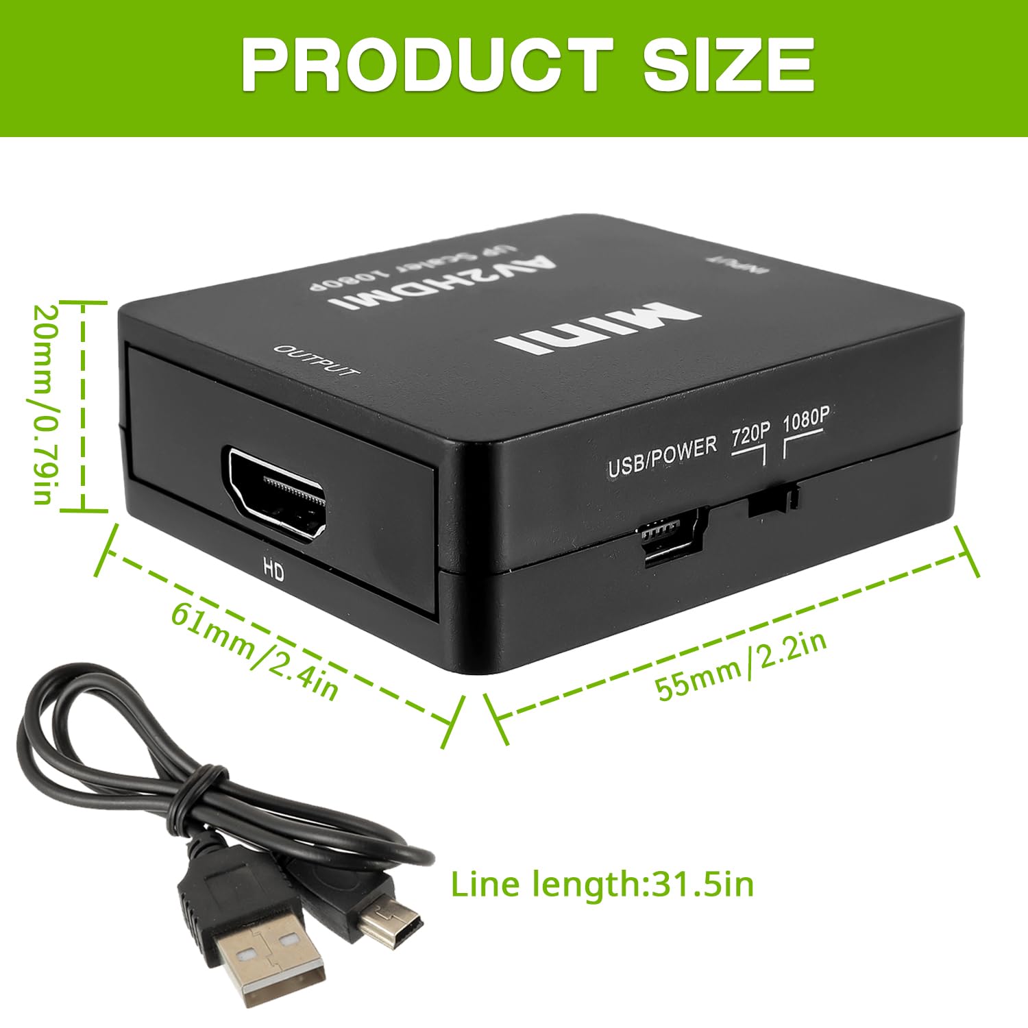 Konwerter RCA na HDMI 1080P Mini Composite CVBS Audio Video PAL/NTSC USB Czarny