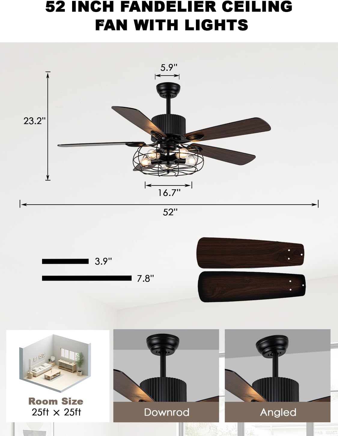 Bella Depot 52" Industrial Ceiling Fan Farmhouse Caged Chandelier Fan with Light Remote Vintage Rustic Indoor Fandelier Fan with Silent Motor for Dining Living Room Bedroom Porch (52")
