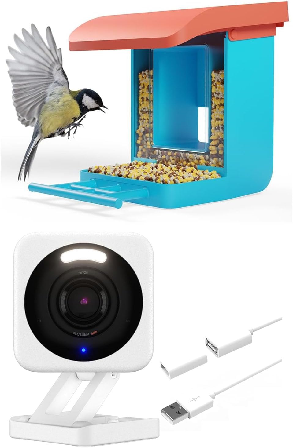 Wyze Bird Feeder Camera Case Blue & Cam v4 White & 20ft Extension Cable