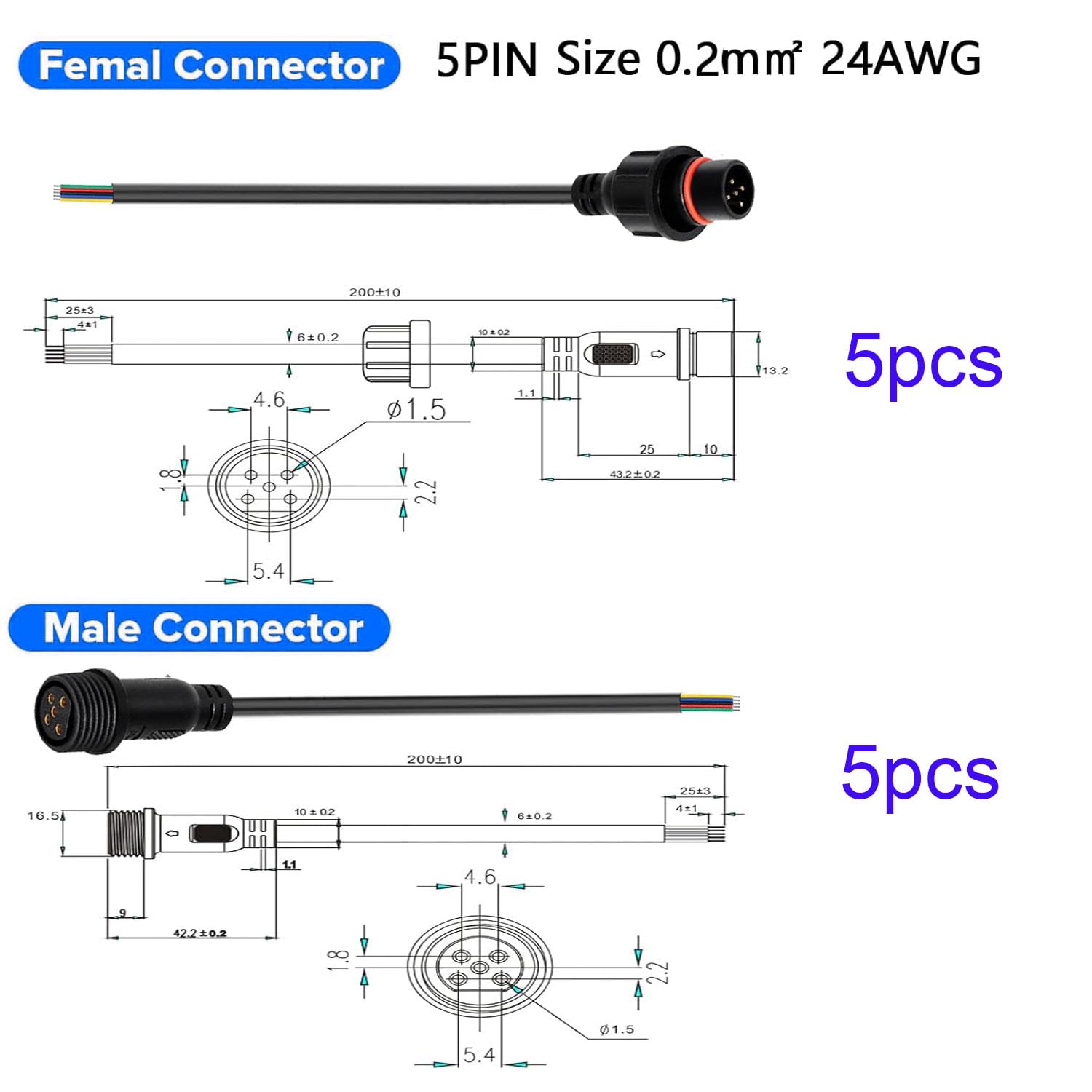 RUNCCI-YUN 5 works 5 Pin waterproof connector,Male Female Plug 5 Pin IP67 M12 waterproof Electrical Connectors with 24AWG 20CM Extension Cable for Car Truck - Image 2
