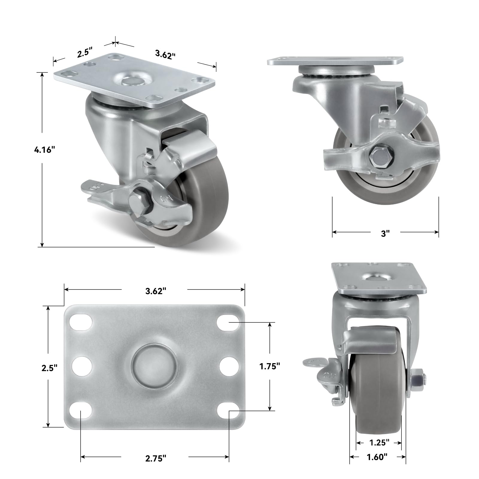 Ruedas de goma para carro, muebles y muebles (4 unidades, 7,6 cm, con freno, ruedas de goma para carretillas, banco de trabajo, 453,6 kg, capacidad de carga total (2 frenos y 2 rígidos)