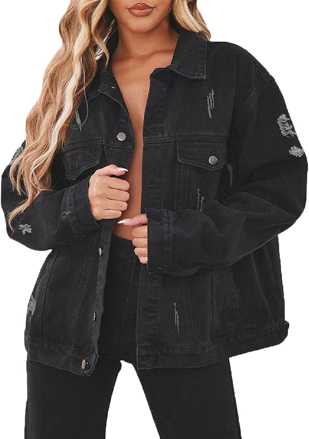 DvaeMalligo Women's Oversized Denim Jacket Casual Long Sleeve Button Down Distressed Trucker Jean Jackets with Pockets