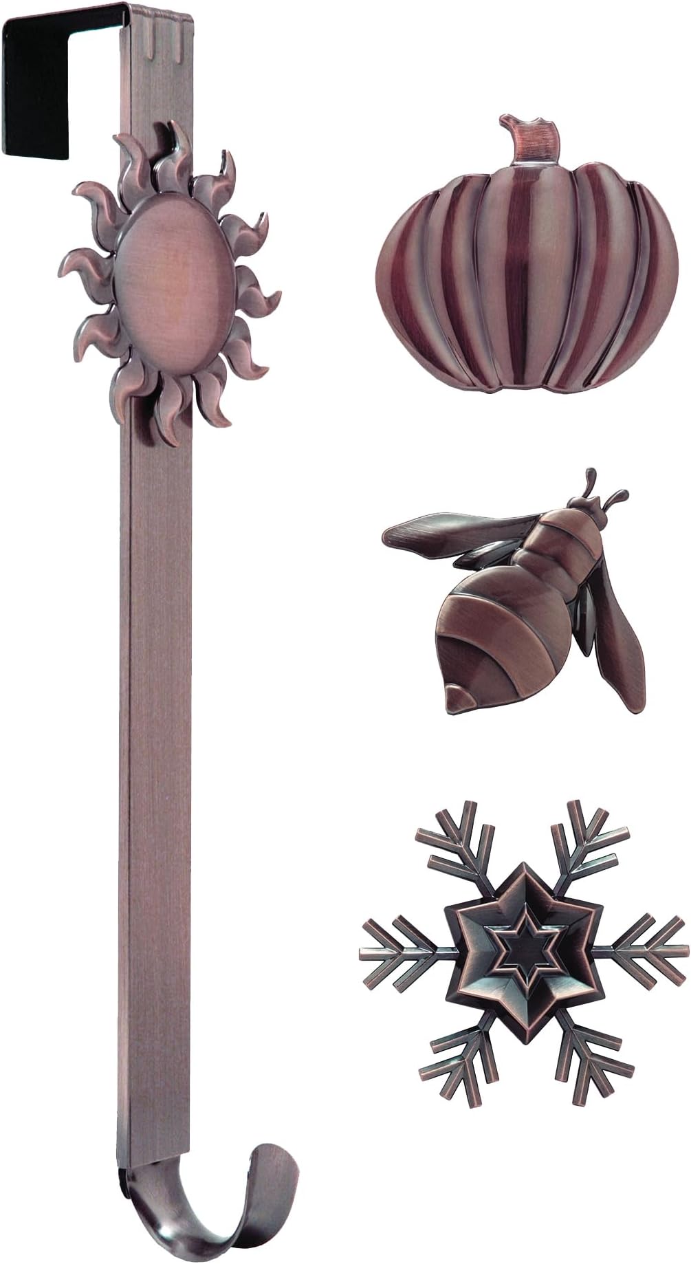 Haute Decor Adapt Adjustable Length Wreath Hanger with Interchangeable Icons (Oil Rubbed Bronze-Bee/Sun/Pumpkin/Snowflake) - 4 Wreath Hangers in 1 - Sturdy Door Wreath Hanger