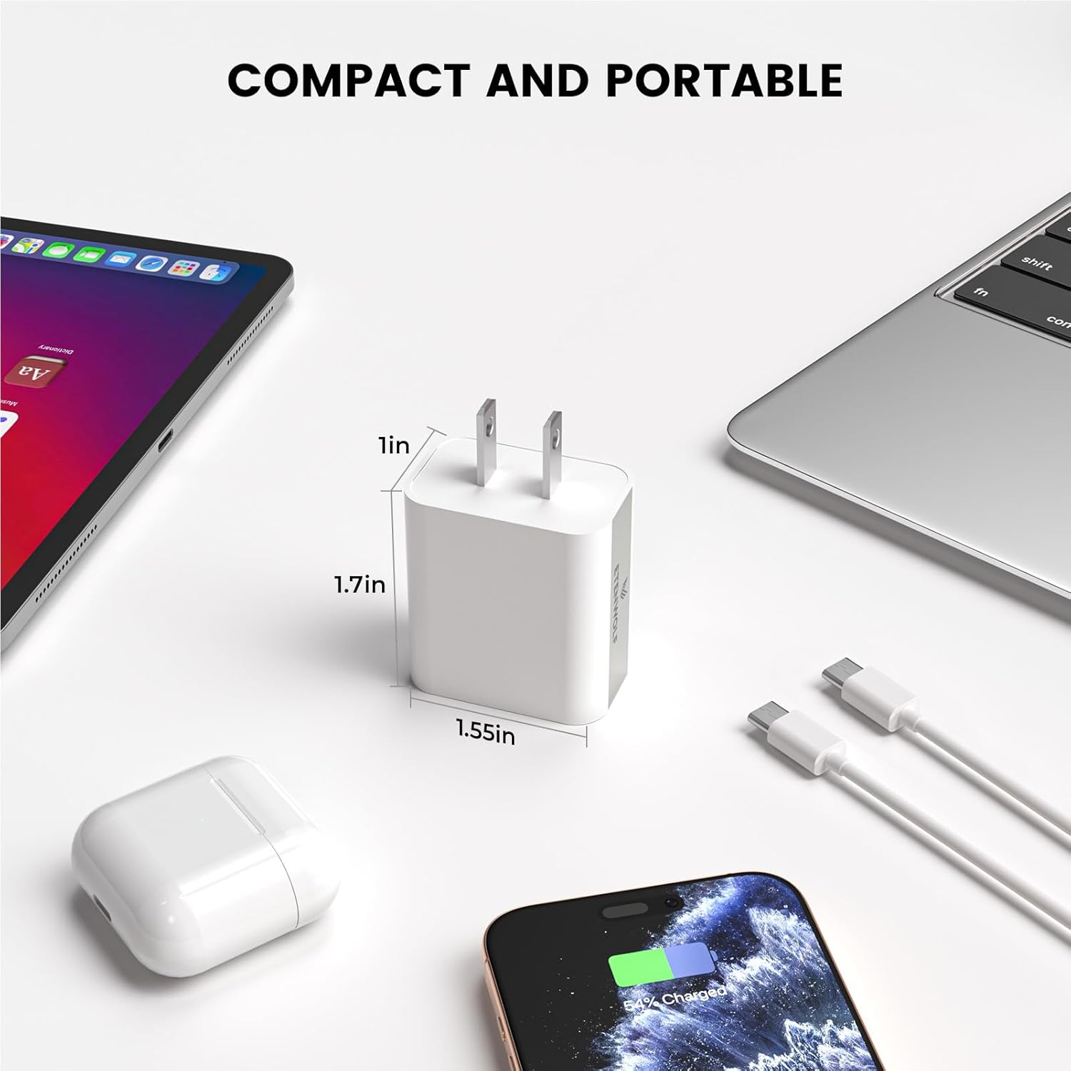 ETENWOLF 30W USB-C Wall Charger plugged into an outlet, charging an iPhone 16 Pro Max, showing 50% charge in 30 minutes.