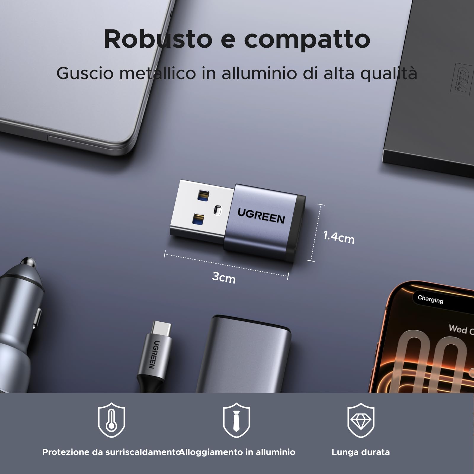 UGREEN Adattatore USB C a USB 3.2 10Gbps Convertitore Tipo C Femmina a Tipo A Maschio Ricarica Rapida Trasmissione Dati