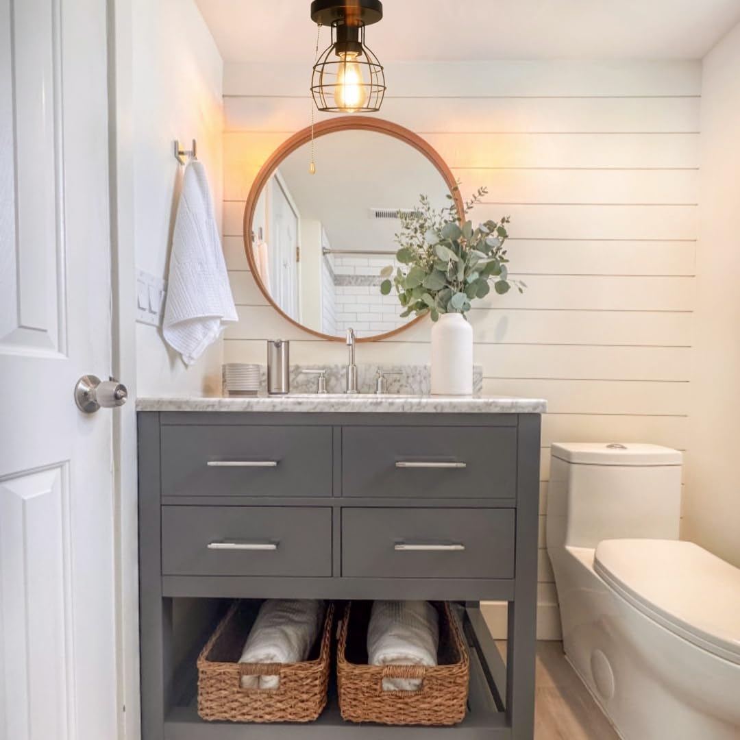 Beuhouz Pull String Semi Flush Mount Ceiling Light, Round Modern Industrial Close to Ceiling Light Fixture with Pull Chain Black Metal Cage Foyer Kitchen Ceiling Light 1-Light Edison E26 8087