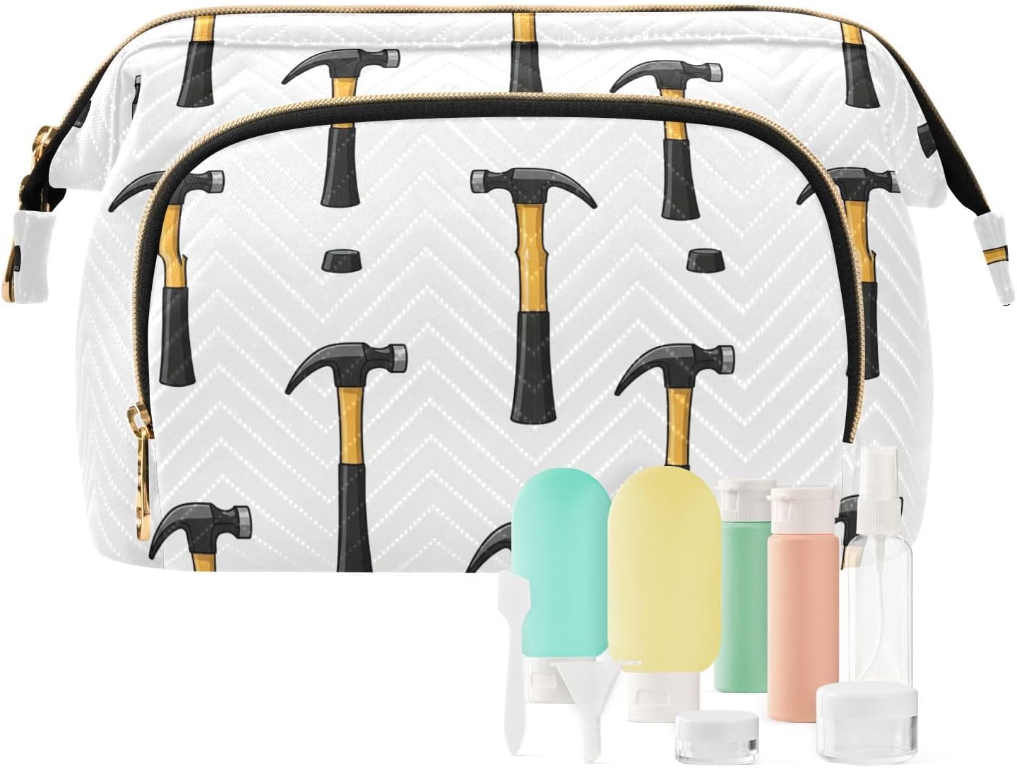VIGTRO Hammer Tool Pattern Makeup Bag Quilted Toiletry Bag Wide Open Cosmetic Bag with Bottles Kit Large Capacity Travel Organizer Pouch for Women