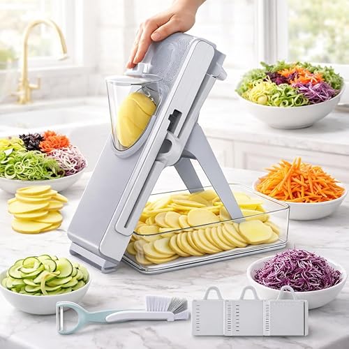 Cortador de mandolina ajustable, picador seguro de verduras y rebanador de patatas con recipiente, cortador de alimentos multifuncional para