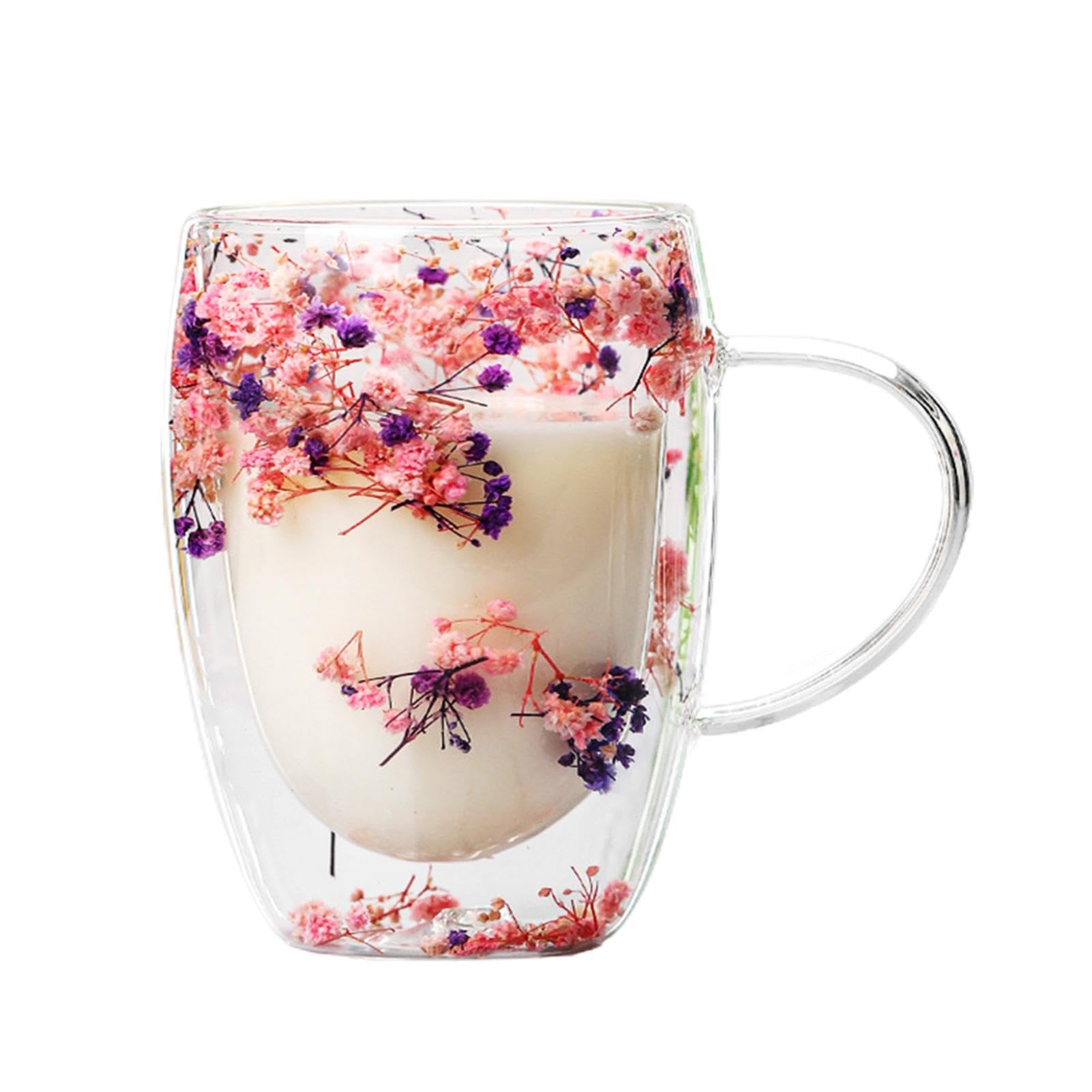 Tazza In Vetro Doppia Parete Con Fiori Secchi - Isolante Per Caffè, Tè E Cioccolata - Manico Anti Scottatura - 2