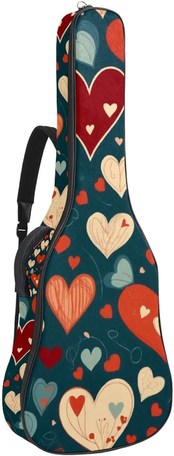 Acoustic Guitar Bag 0.4 Inch Thick Padding Waterproof Guitar Case Gig Bag for 40 41 42 Inch Electric Bass Classical Guitar, Cute Hearts Pattern