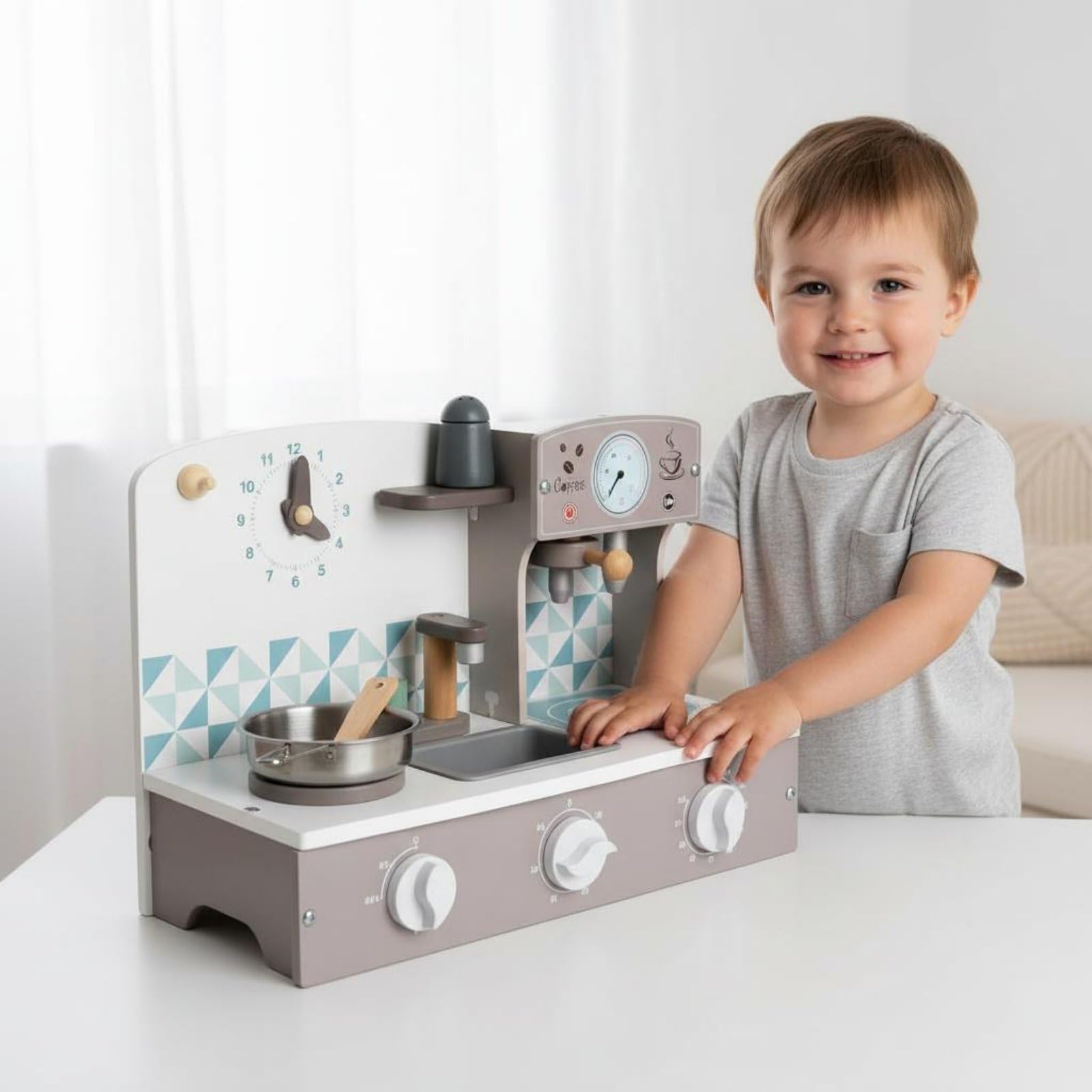 Cucina Giocattolo Bambini Set Cucina Giocattolo Piano Cottura Lavandino Stazione Caffè Legno Acciaio Orologio E Dettagli Deposito Adatta per Gioco Collaborativo Attività Prescolare Casa