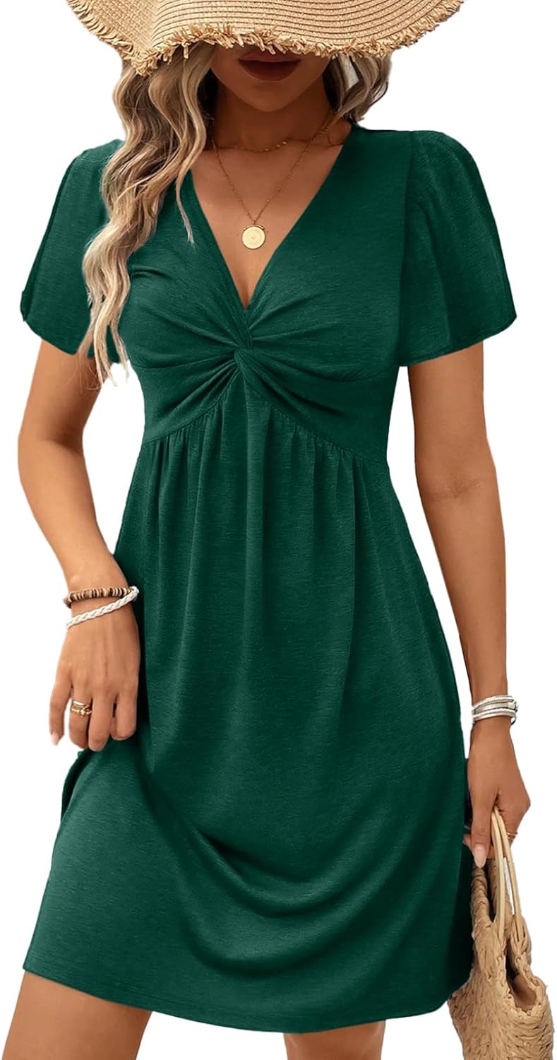 Acelitt Womens Casual Summer Twist Front V Neck Short Sleeve Mini Dress, S-XXL