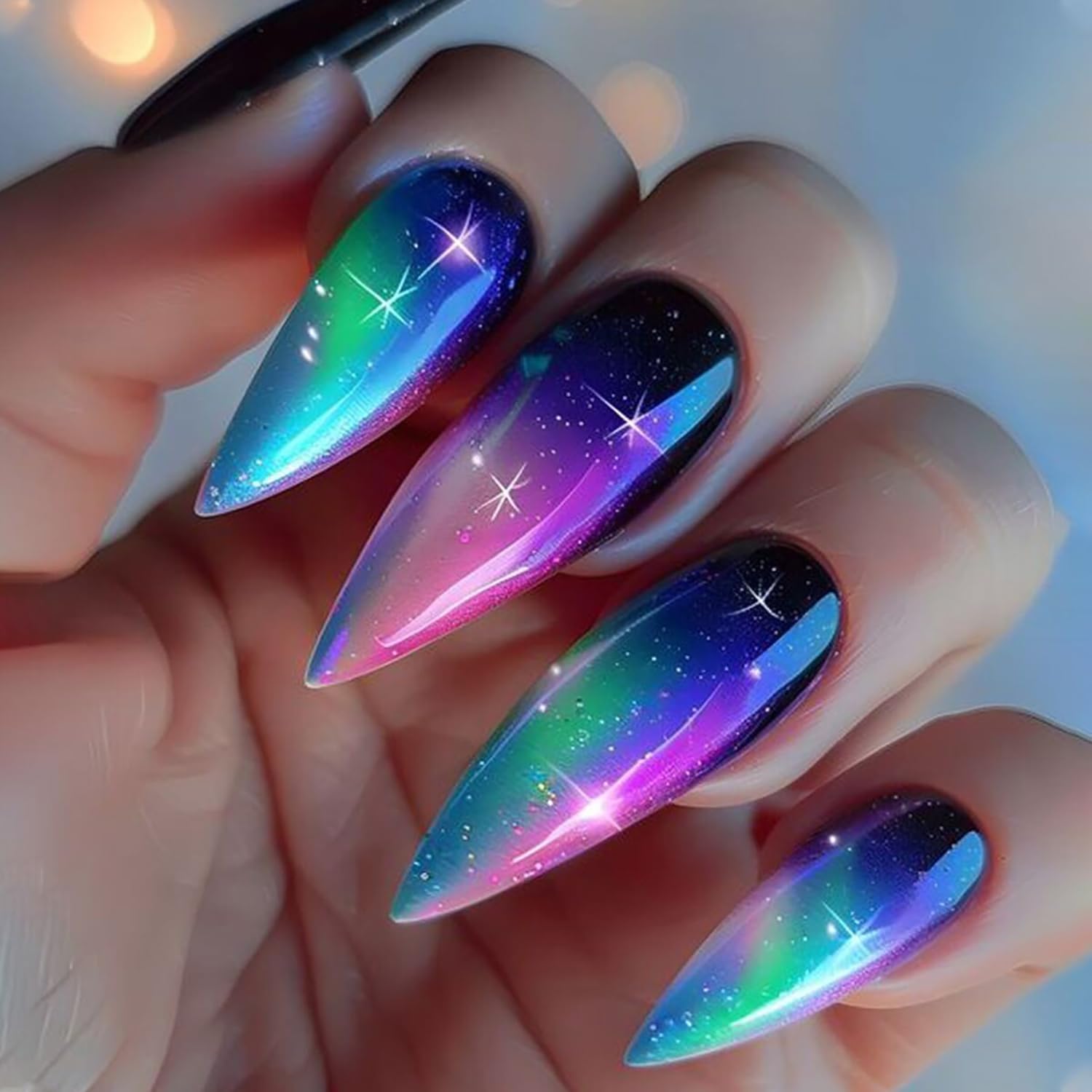 Aurora Plating Medium Colorful Smudge Free Coffin Acrylic Nails - Stars Sky Design, Full Cover Press On, Artificial, Glue On for Women